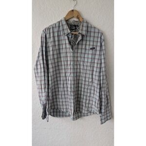 Volcom Mens Button Down Shirt L Light Blue Brown Plaid Long Sleeve Casual